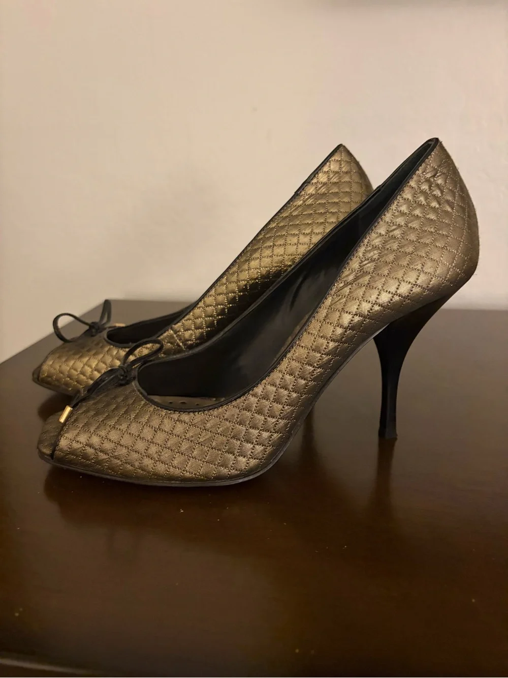 BCBG Quilted Metallic Gold Pointed-Toe Pumps